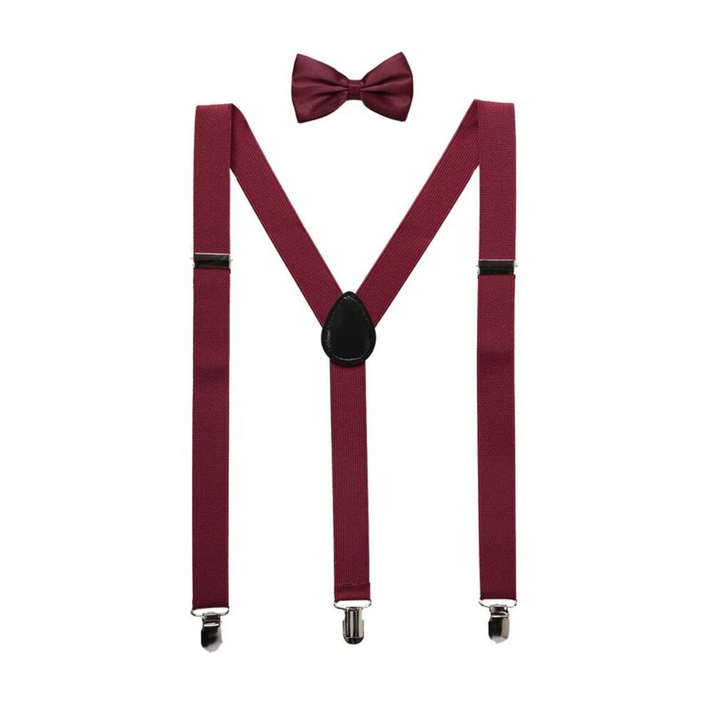 Elastic Adjustable Shoulder Strap Y Shaped Bow Tie and Suspenders Set Burgundy